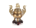 Chinese Brass Censer With Dragon Handles And Mythical Beast Finial