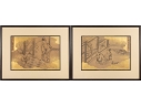 Pair Of Gilt Vintage Chinese Ink Illustrations 