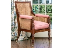 Mahogany And Cane Custom Upholstered Accent Armchair