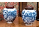 Pair Of Decorative Chinese Porcelain Ginger Jars With Wood Lids