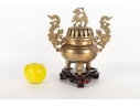 Chinese Brass Censer With Dragon Handles And Mythical Beast Finial