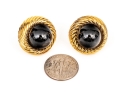 Turi 18k Yellow Gold Fabulous Retro Cabachon Black Onyx And Ribbed Border Clip On Earrings