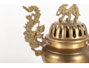 Chinese Brass Censer With Dragon Handles And Mythical Beast Finial