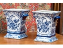 Pair Of Decorative Blue And White Twin Handled Square Beaker Vases
