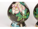 Pair Of Vintage Black Cloisonné Vases With Peony Motif
