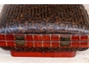 Vintage Chinese Woven Rattan And Lacquered Pillow Form Lidded Storage Box