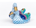 Herend Hungary Hand-Painted Porcelain Ducks – Blue Fishnet With Polychrome Feathers