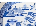 Antique English Blue Willow Serving Tray On Hepplewhite Style Wood Frame