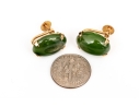 14k Yellow Gold Vintage Simple Oval Green Nephrite Jade Screwback Style Earrings
