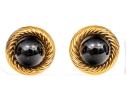 Turi 18k Yellow Gold Fabulous Retro Cabachon Black Onyx And Ribbed Border Clip On Earrings