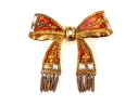 French 800 Vermeil Silver Beautiful Ornate Red And White Fringed Enamel Bow Brooch