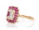 14k Yellow Gold Ruby And Diamond Cluster Ring, App. 0.03 TCW In Diamonds, Size 7.75