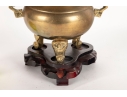 Chinese Brass Censer With Dragon Handles And Mythical Beast Finial