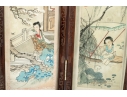 Vintage Chinese Folding Table Screen With Hand-Painted Scenes