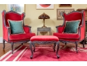 Pair Of Custom Upholstered Queen Anne Style Armchairs With Associated Ottoman