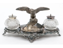English Silver Plated Inkwell With Two Crystal Inkwells