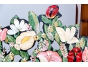 Antique Whimsical Hand-painted Tole Floral Bouquet Form Easel Back Fire Screen