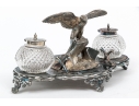 English Silver Plated Inkwell With Two Crystal Inkwells