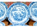Set Of Seven Antique Chinese Export Blue And White Canton Pattern Porcelain Plates