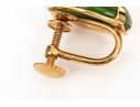 14k Yellow Gold Vintage Simple Oval Green Nephrite Jade Screwback Style Earrings