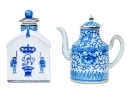 Two Blue And White Porcelain Wares, Including A Lidded Kettle And Lidded Tea Caddy