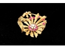 Karbra Yellow Gold Magnificent Vintage Ruby And Diamond Flower Cluster Brooch