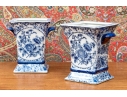 Pair Of Decorative Blue And White Twin Handled Square Beaker Vases