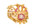 Karbra Yellow Gold Magnificent Vintage Ruby And Diamond Flower Cluster Brooch