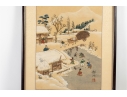 Framed Korean Painting On Silk Depicting Winter Village Scene
