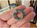 14k White Gold Fabulous Emerald And Diamond Double Circle Brooch