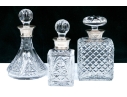 Group Of Three English Cut Glass Decanters Or Perfumes With Sterling Silver Collars