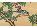 Framed Asian Painting On Silk Of Blue Jays And Blossoms