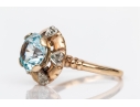 14k Yellow Gold Pretty Synthetic Blue Zircon Ring With Decoratve Border, Size 7