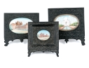 Three Vintage Painted Porcelain Plaques Mounted As Desk Screens 