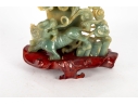 Carved Green Jade Dragon And Qilin Sculpture On Wood Base