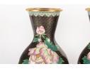 Pair Of Vintage Black Cloisonné Vases With Peony Motif