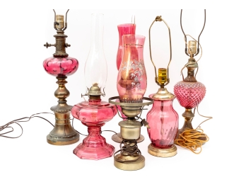 Large Collection Of Cranberry Glass Table Lamps