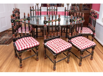Fabulous American Carved And Paint Finished Dining Table With 8 Side Chairs