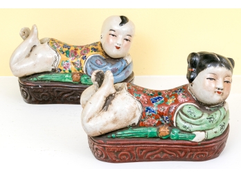 Set Of 2 Chinese Famille Rose Enameled Figural Porcelain Pillows