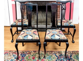 Two Intricate Pairs Of Upholstered Black Finished Chippendale Style Side Chairs